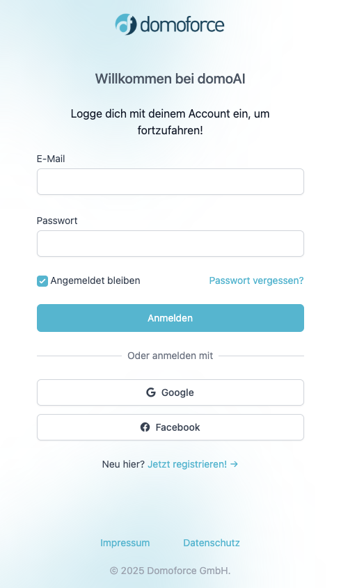 Anmelde-Seite mit Email oder Social Logins
