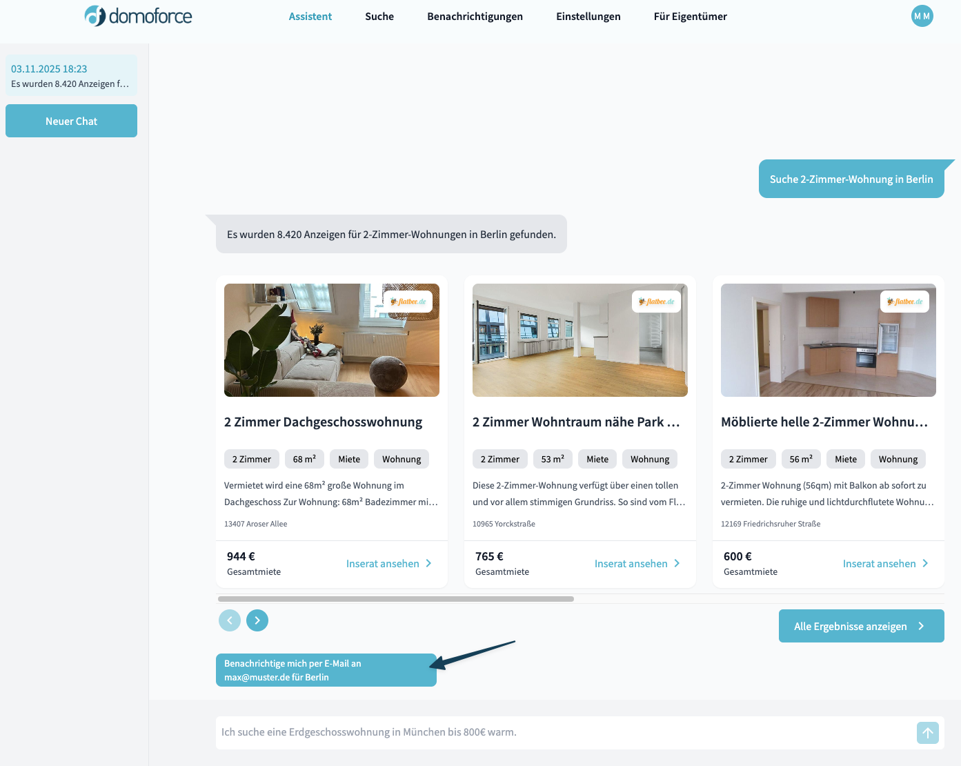 Benachrichtigung per Nachricht mit vorheriger Suche im Assistent erstellen