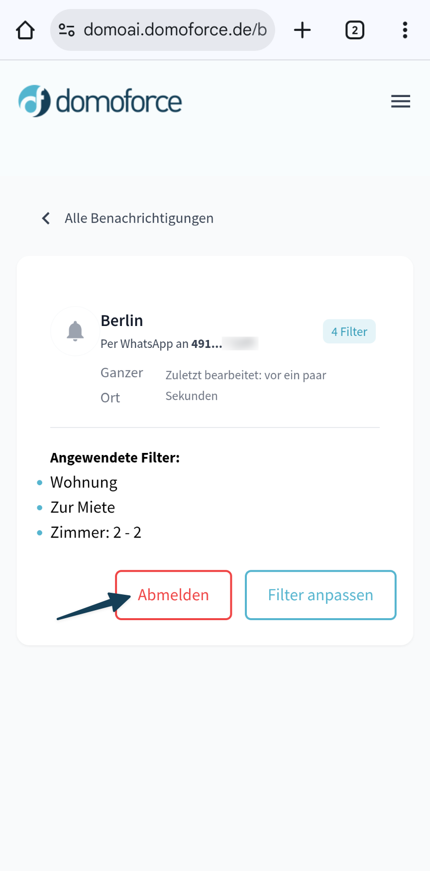 Benachrichtigung abmelden anklicken am Handy