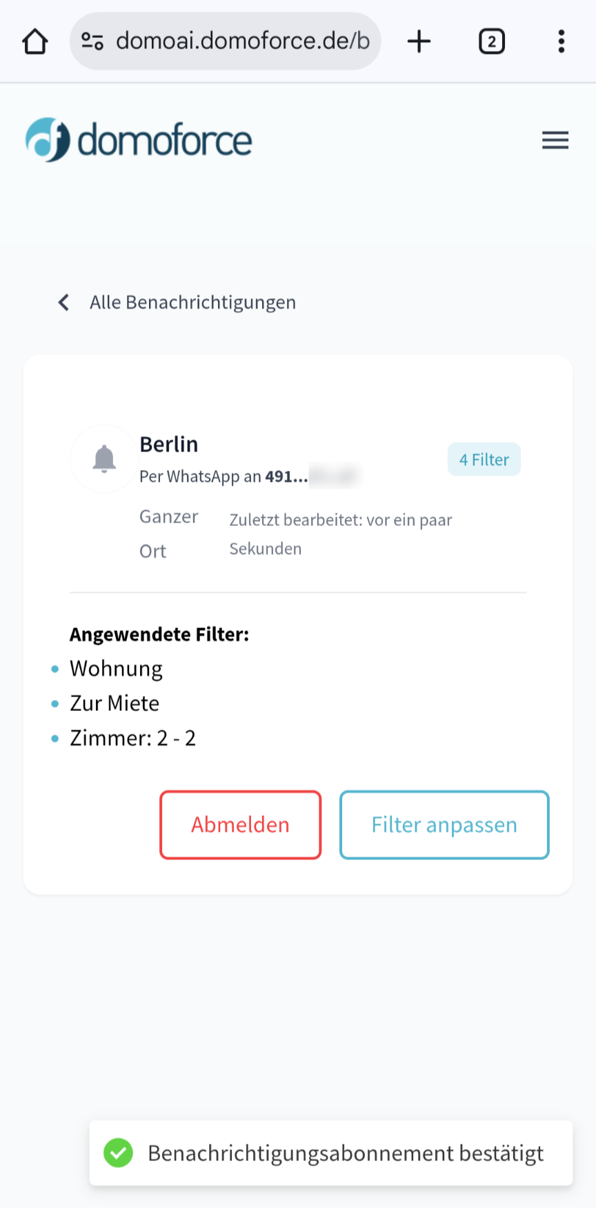 Bestätigung der Benachrichtigung von WhatsApp