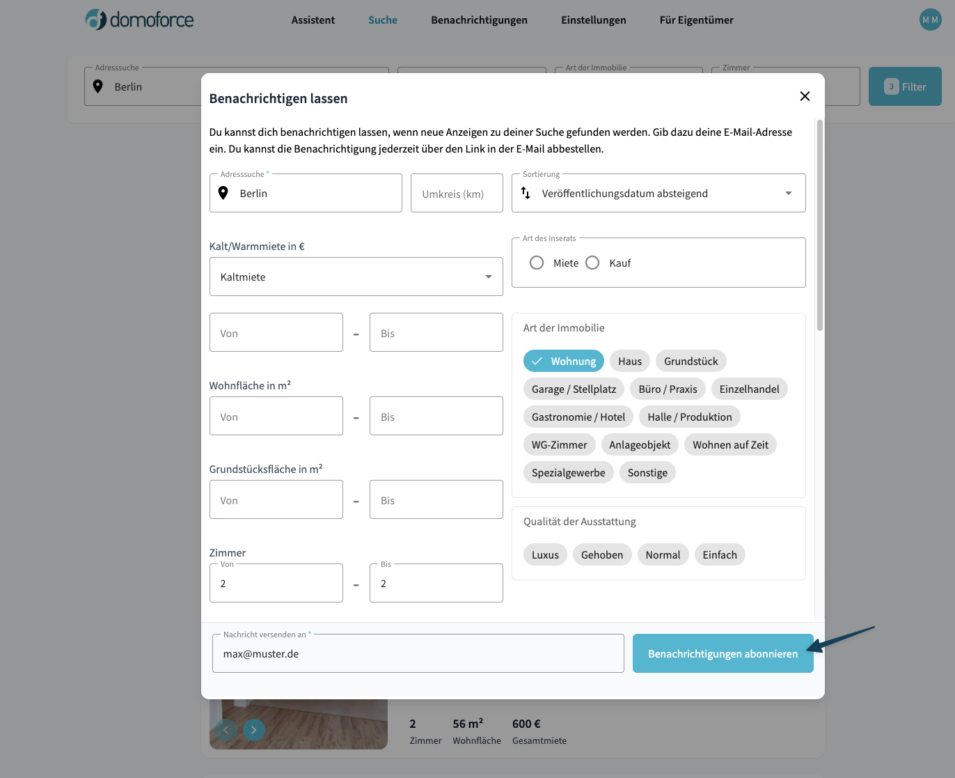 „Benachrichtigungen abonnieren“ in der Suche