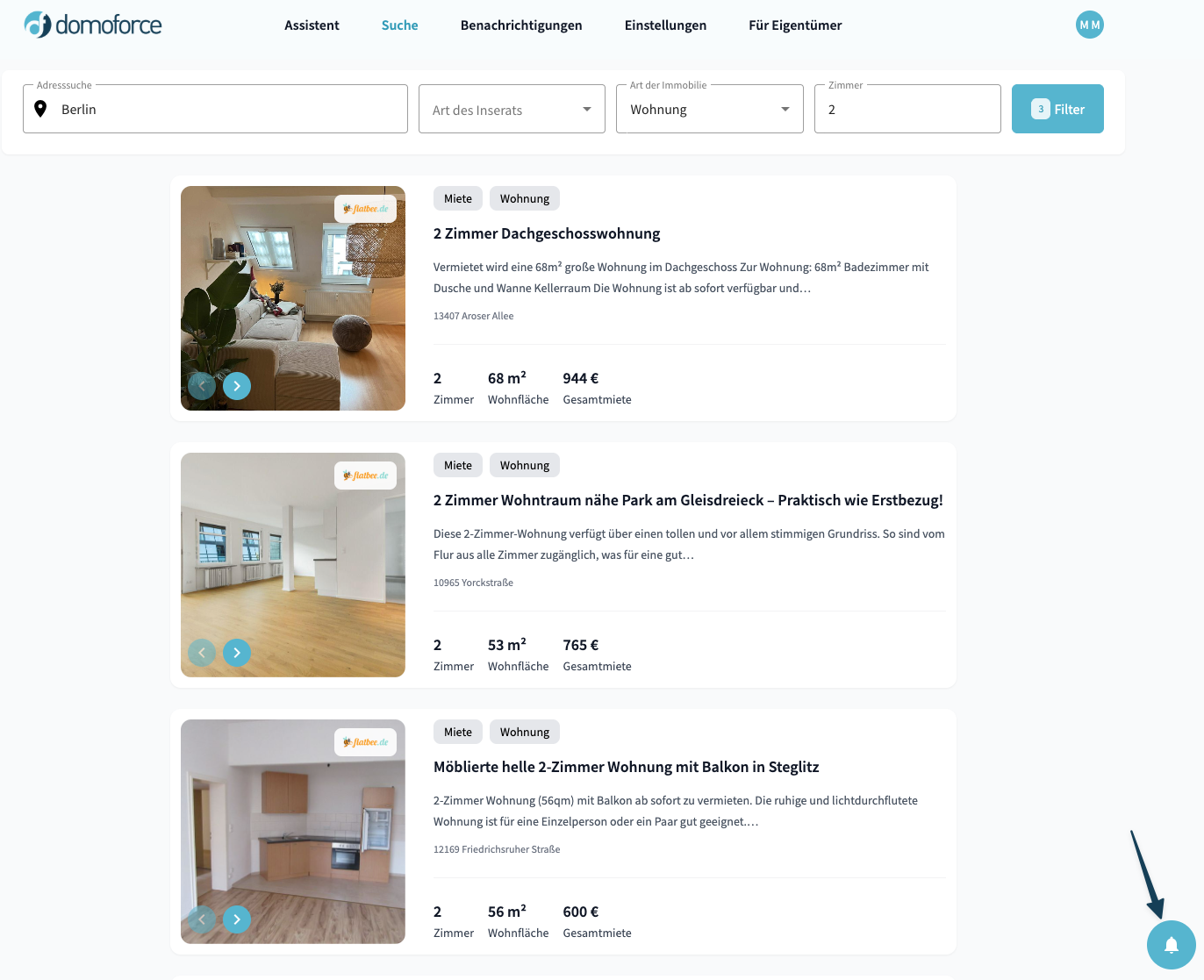 Benachrichtigungs-Glocke in der Suche