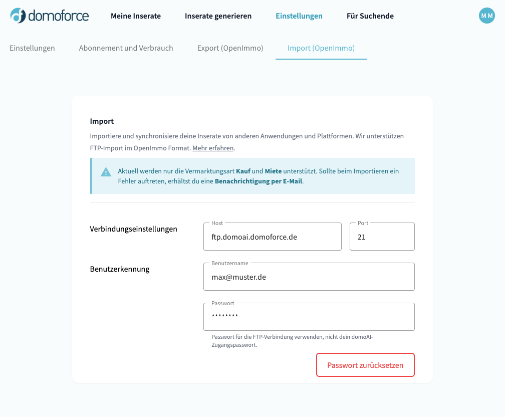Screenshot: FTP Import mit OpenImmo aktivieren