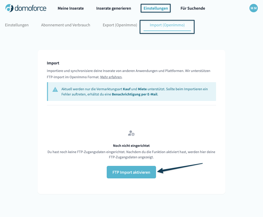 Screenshot: FTP Import mit OpenImmo aktivieren