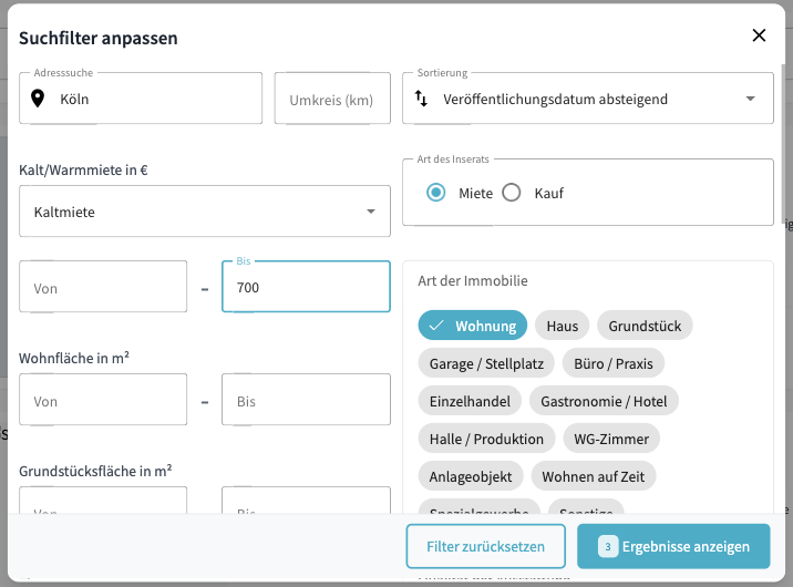 Erweiterte Suchfilter Dialog