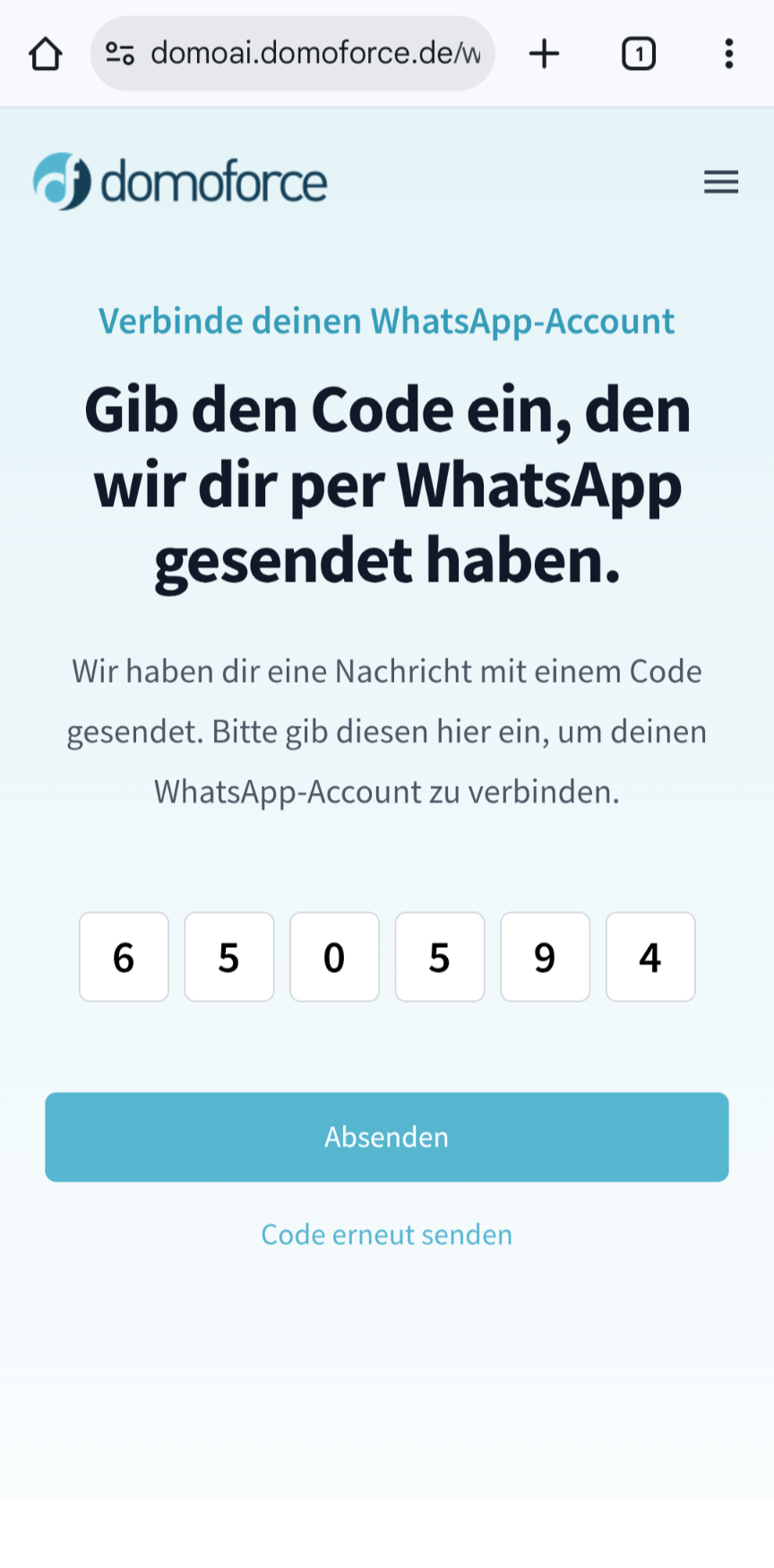 WhatsApp Code eingeben und abschicken
