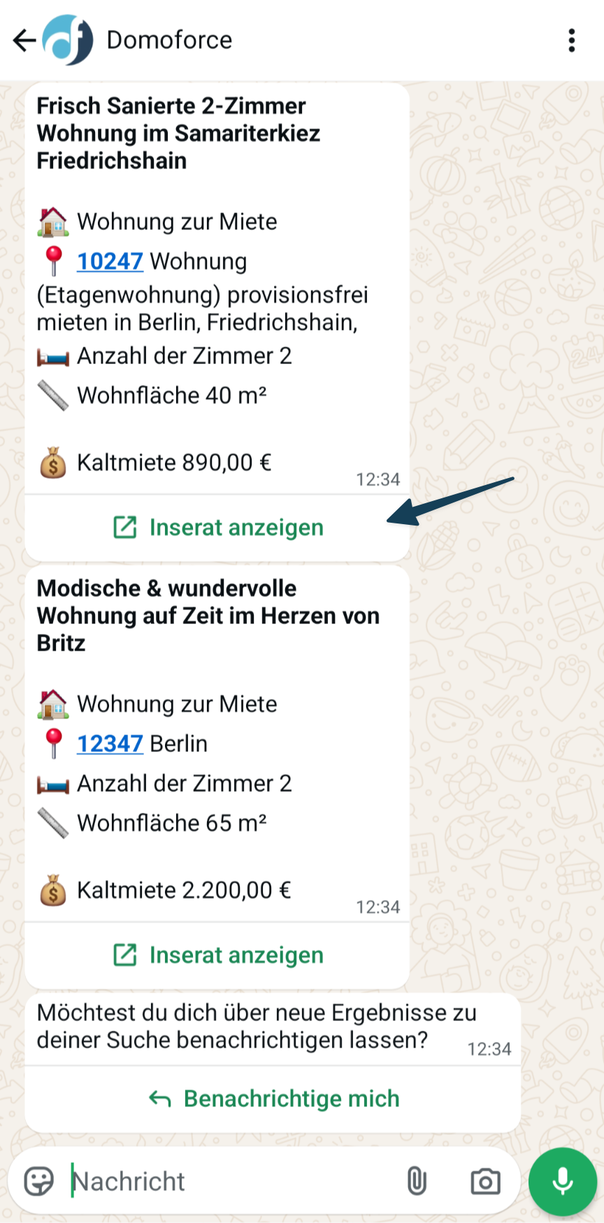 Inserat anzeigen von WhatsApp Suchergebnissen