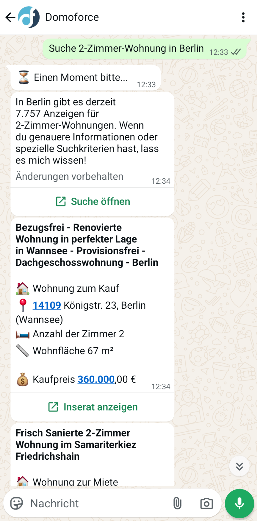 „Suche 2-Zimmer-Wohnung in Berlin“ in WhatsApp