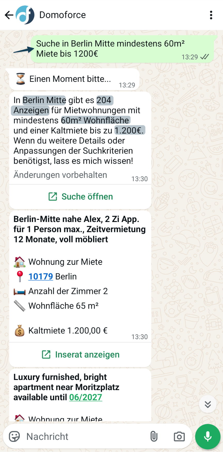 Suchergebnisse in WhatsApp mit angewendeten Filtern
